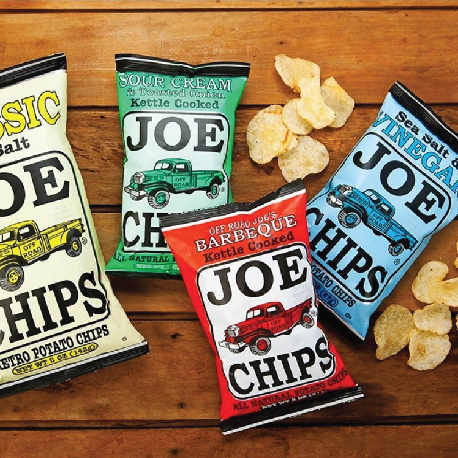 Collage of different joe chips flavors